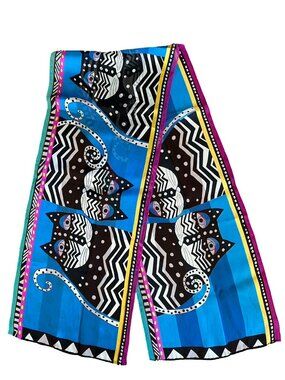 Laurel Burch 100% Silk Rectangular Long Scarf Black White Cats Art